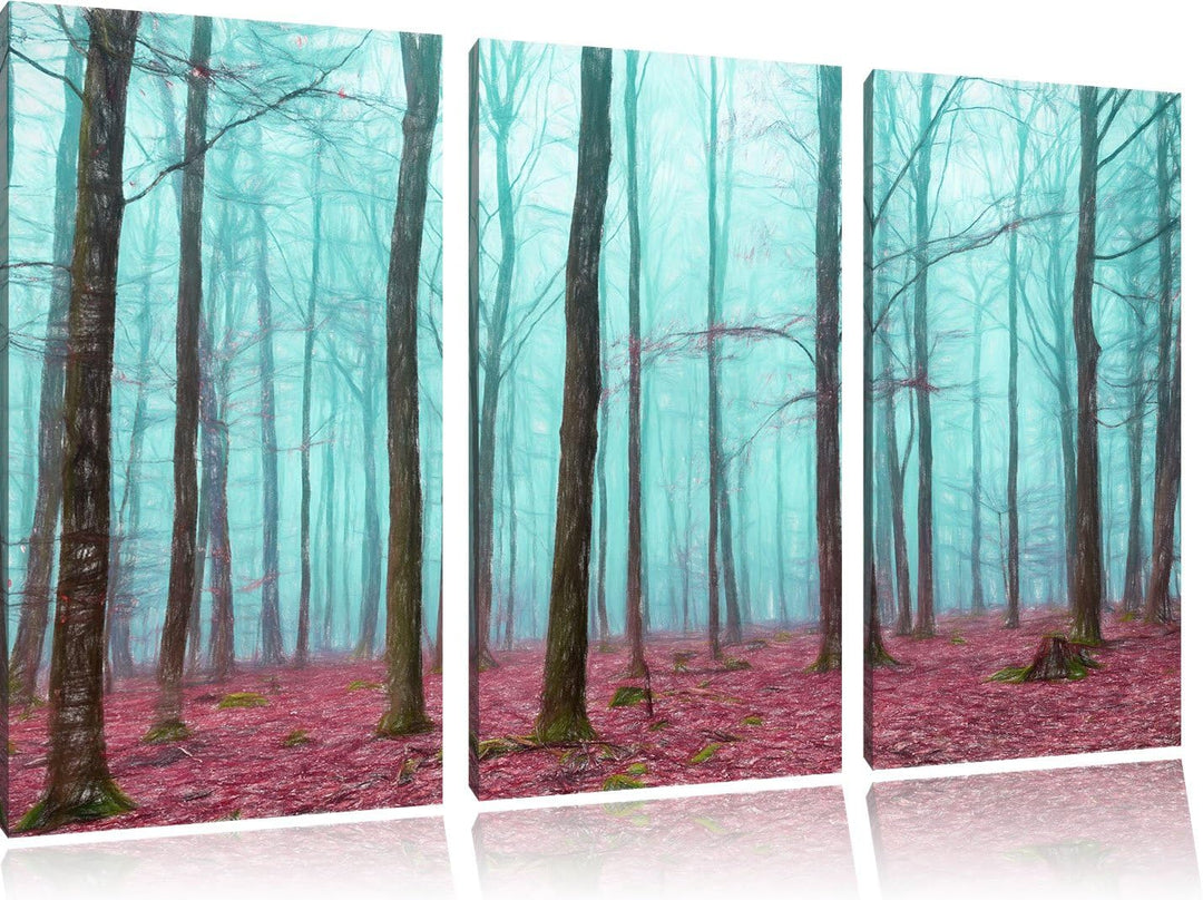 Pixxprint Wald / 3-Teilig/Gesamtmass 120cm Leinwandbild bespannt auf Holzrahmen/Wandbild Kunstdruck