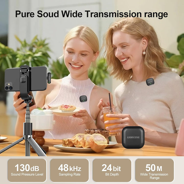 ANDYCINE MC, kabelloses Mikrofonsystem, Doppelsender, Geräuschunterdrückung AI, USB-C, 48 kHz/24-bit