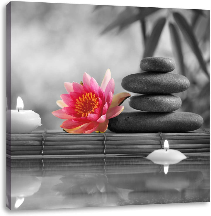Pixxprint Seerose Zen Steine Kerzen als Leinwandbild/Grösse: 70x70 cm/Wandbild/Kunstdruck/fertig bes