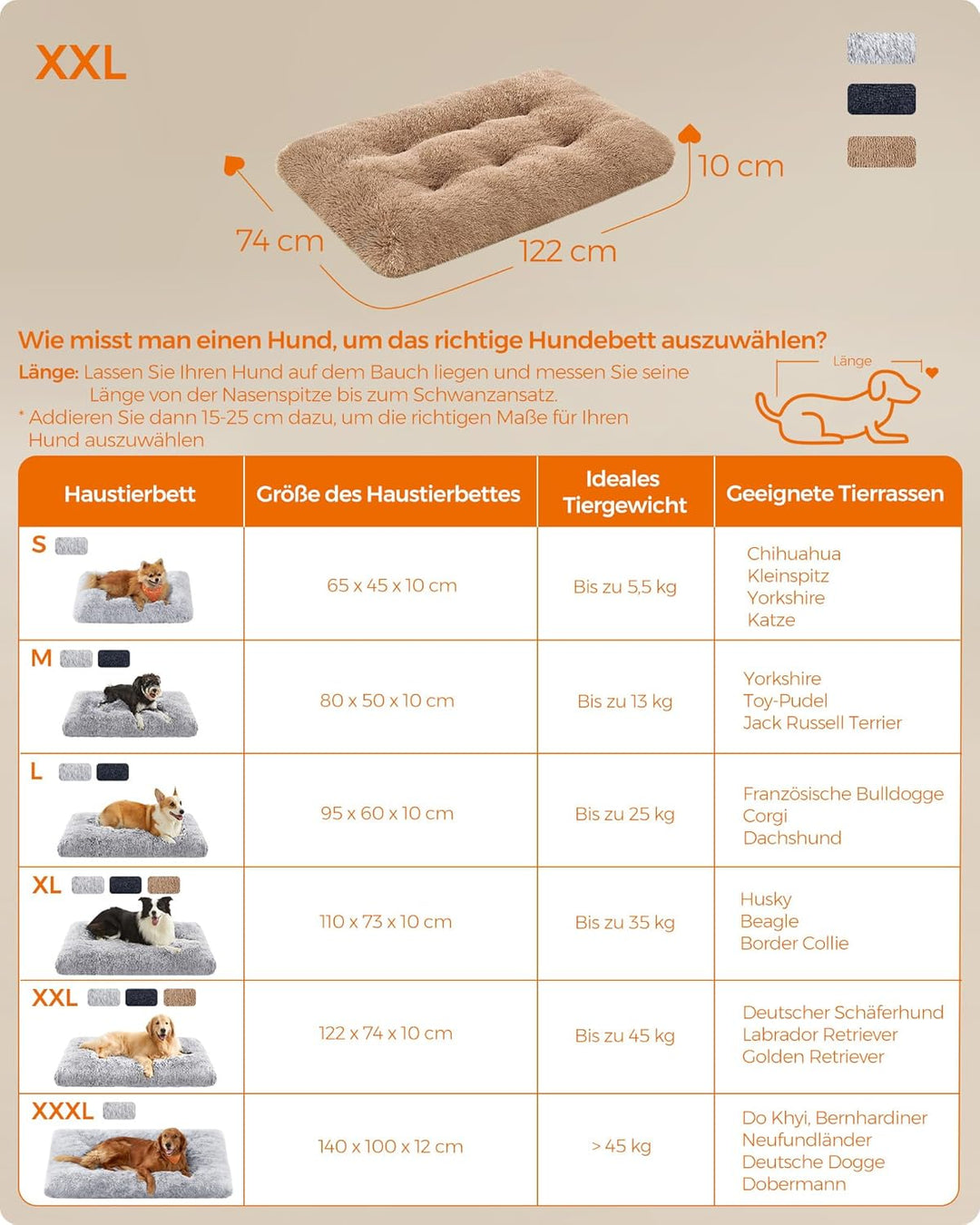Feandrea Hundebett, Hundekissen, Flauschige Hundematte, Langer Plüsch, 122 x 74 cm, weiche Polsterun
