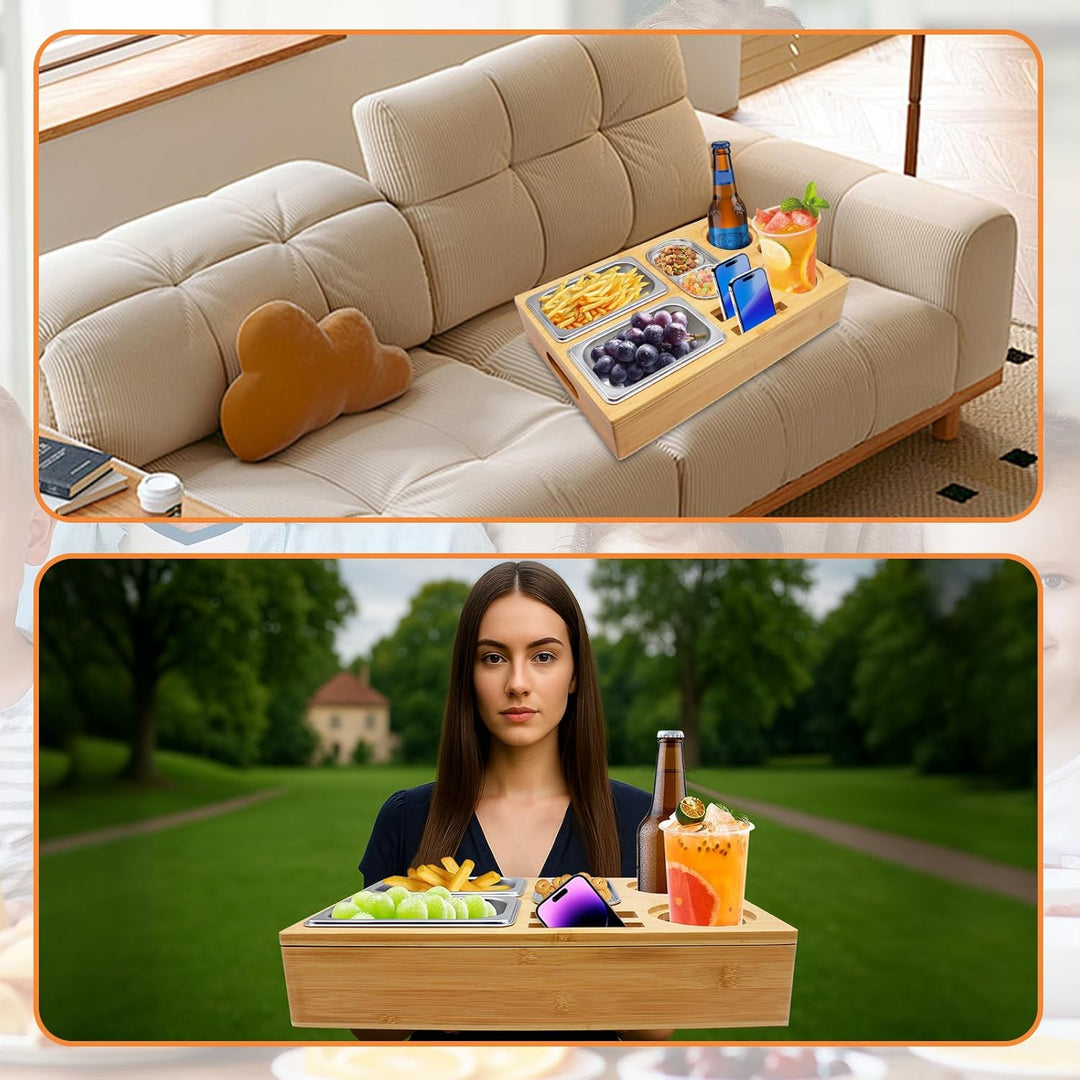 Couchbar Snackbox, Praktischer Sofatablett Snackbox mit Fächern, Abnehmbarer Deckel mit 3 Abnehmbare