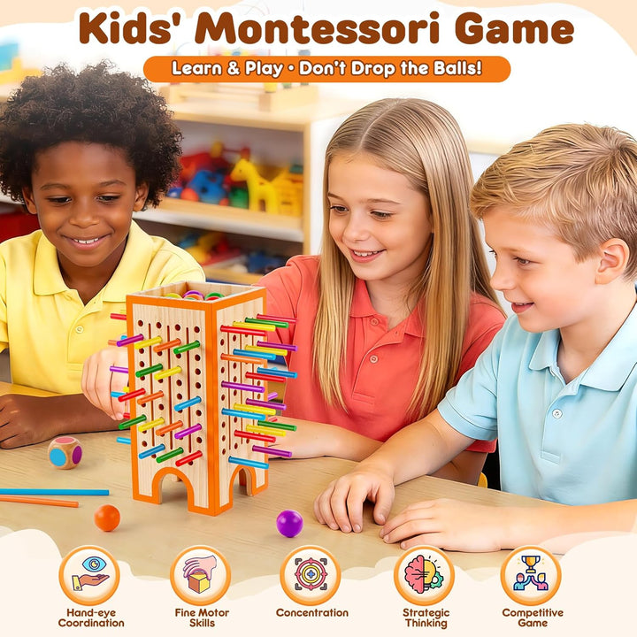 Montessori Spiel Brettspiel aus Holz, 42 Bunte Holzstäbchen &amp; 12 Bälle Kinderspiele ab 3 4 5 6 Jahre