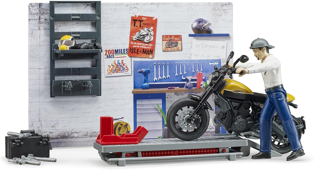 bruder 62102 - Bworld Motorradwerkstatt Scrambler Ducati Full Throttle mit Mechaniker - 1:16 Reparat