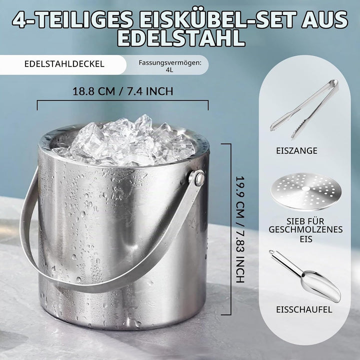 4L Eiswürfelbehälter mit Deckel, Edelstahl Doppelwandiger Eiskübel Set mit Sieb Eiszange Eisschaufel