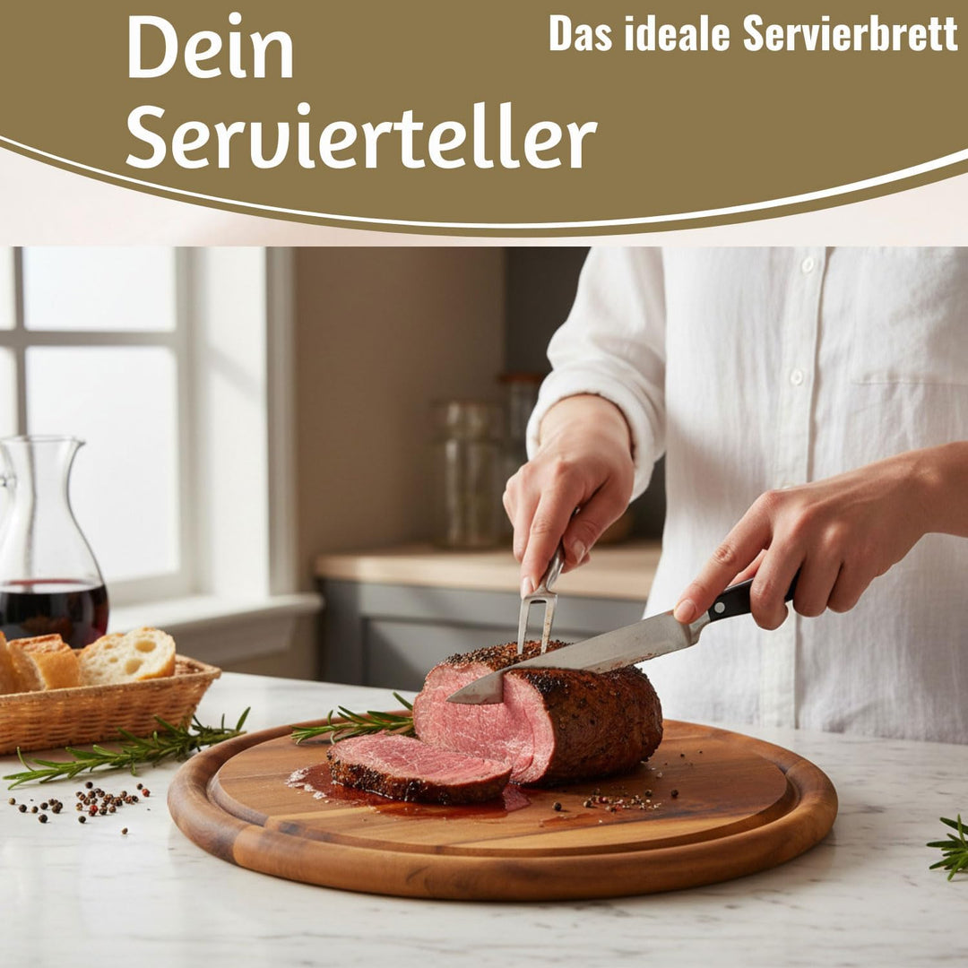 LS-LebenStil 6x Holz Fleischteller 25cm Rund FSC Akazie - Set - 6 Stück - Schneidebrett mit Saftrill