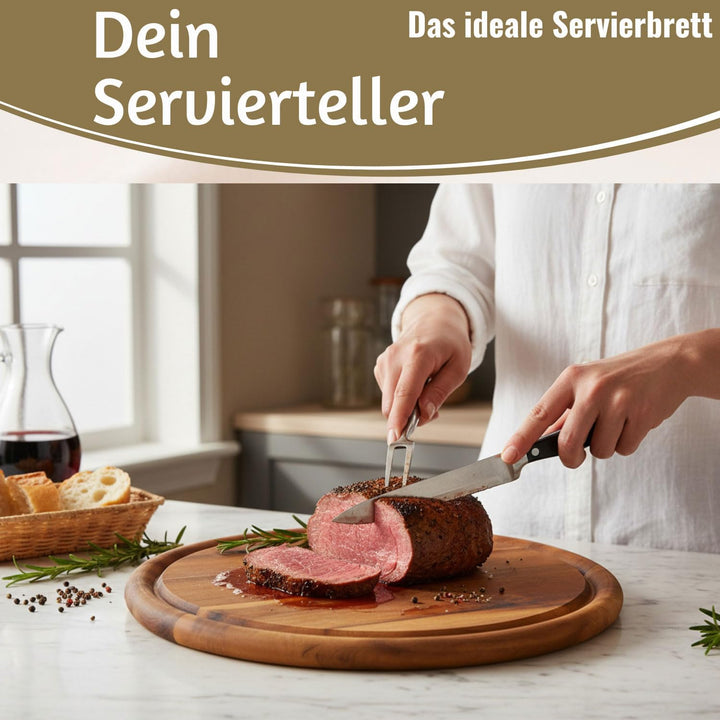 LS-LebenStil 6x Holz Fleischteller 25cm Rund FSC Akazie - Set - 6 Stück - Schneidebrett mit Saftrill