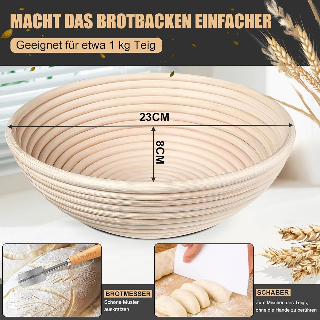 Walfos® Gärkörbchen Rund, Gärkorb zum Brotbacken-Set 23cm Aus Natürlichem Rattan, Profi gärkorb - mi