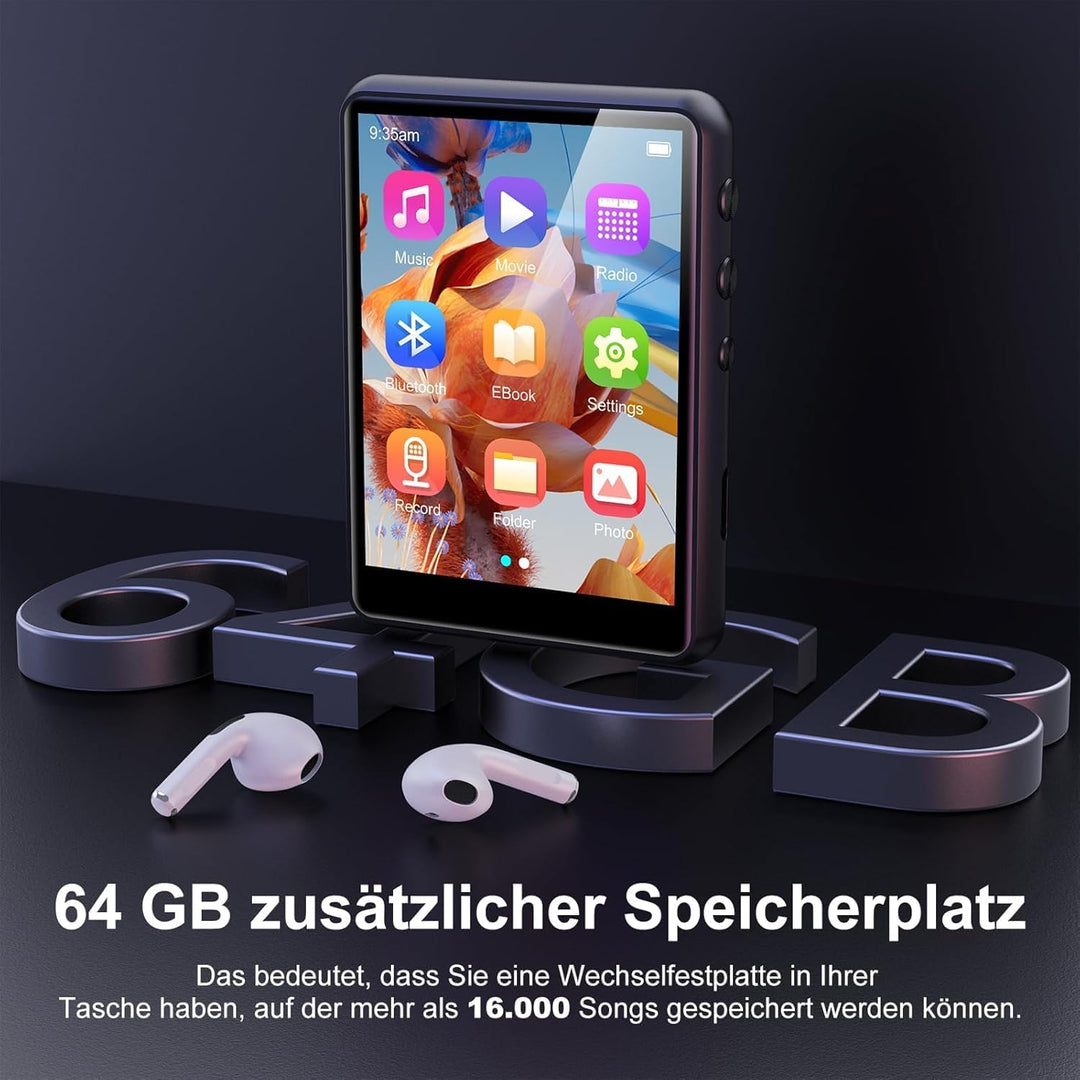 SWOFY 64GB MP3 Player Bluetooth 5.3 HiFi Music Player, 2.4-Zoll Touchscreen MP3 Player mit Lautsprec