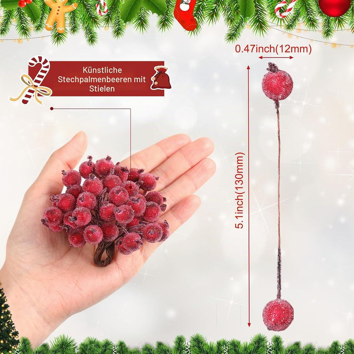 Künstliche Stechpalmenbeeren, Drahtstiele, künstliche Blumen, Dekoration, 200 Stück, 12 mm, Mini-Wei