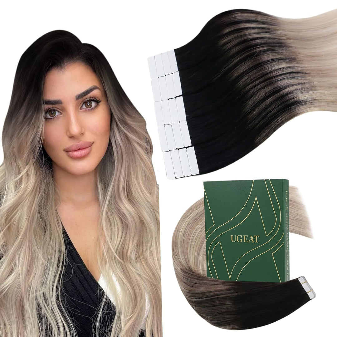 Ugeat 60cm Tape Extensions Echthaar Unsichtbar Balayage Tape Extensions Remy Echthaar 1B/18/60 Schwa