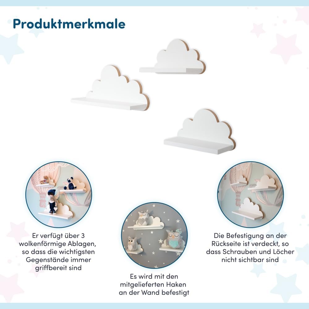 3er Set Wandregale Wolken. Regale für Kinderzimmer und Babyzimmer aus Holz im skandinavischen Stil.