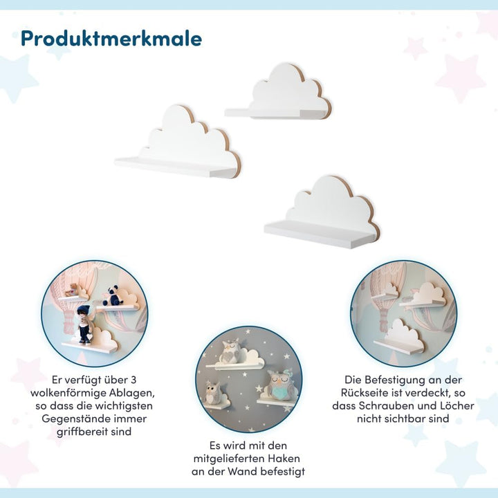 3er Set Wandregale Wolken. Regale für Kinderzimmer und Babyzimmer aus Holz im skandinavischen Stil.