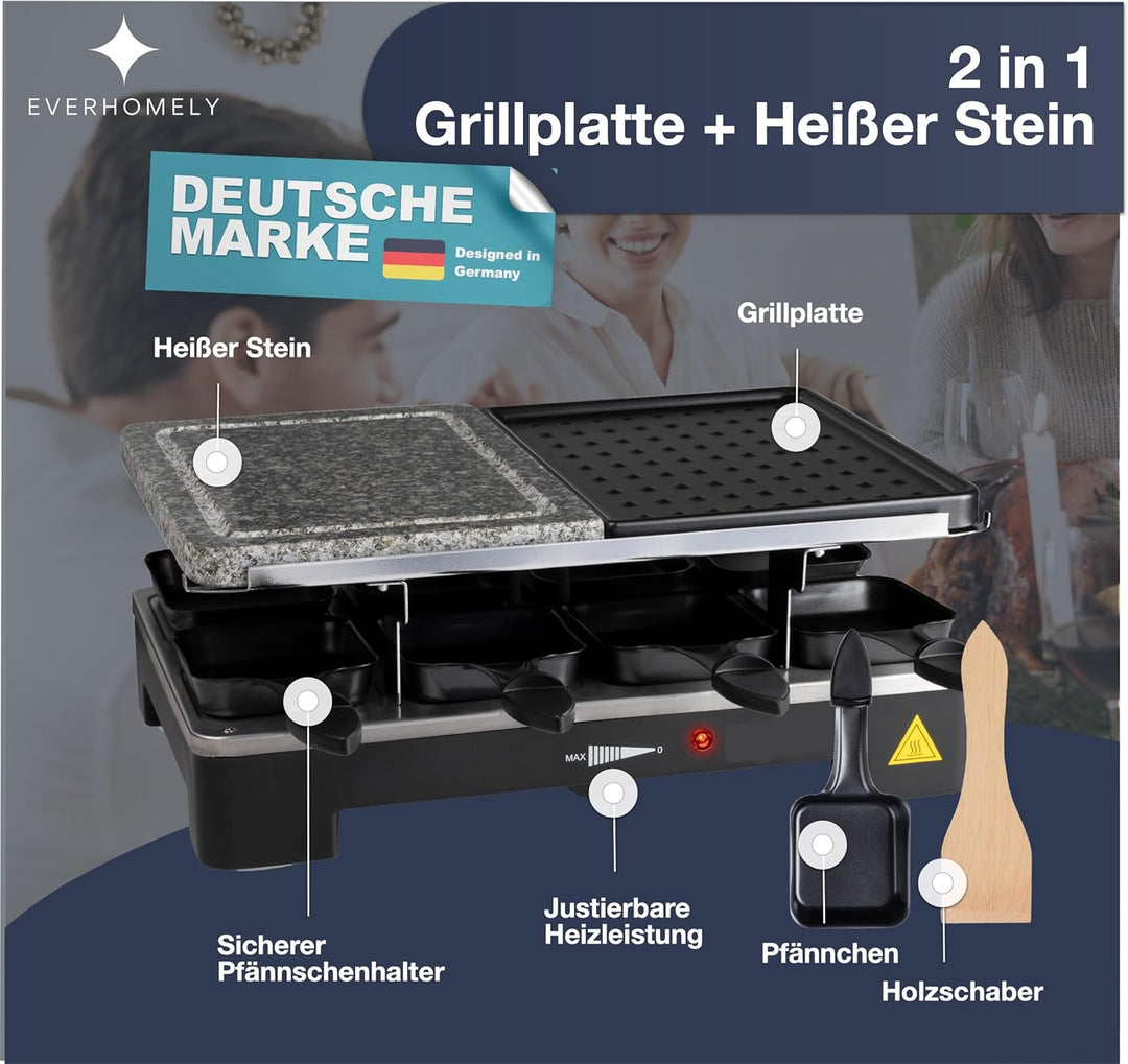 8 Personen Set Raclette - Mit Grillplatte & Steinplatte Funktion - Tischgrill inkl. Pfännchen & Scha