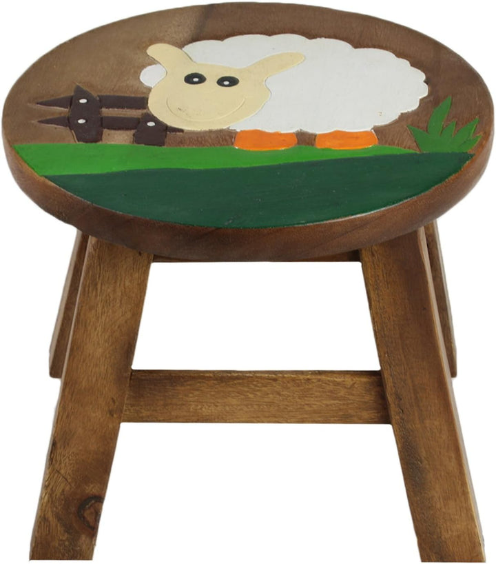 ART-CRAFT KH061 Kinderhocker Holz Schemel mit Motiv Schaf bemalt und beschnitzt extra grosse Sitzflä