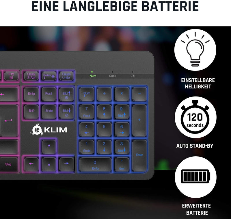 KLIM Light V2 Gaming Tastatur Kabellos QWERTZ + NEU 2023 + flach, ergonomisch, dezent, wasserresiste