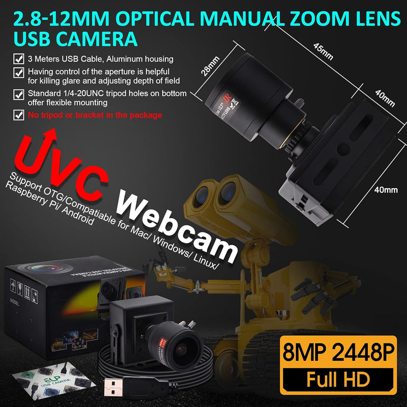 ELP 8 Megapixel Webcam mit 2,8-12mm-Vario Objektiv, USB Computer Webkamera,Weitwinkel,Plug-and-Play