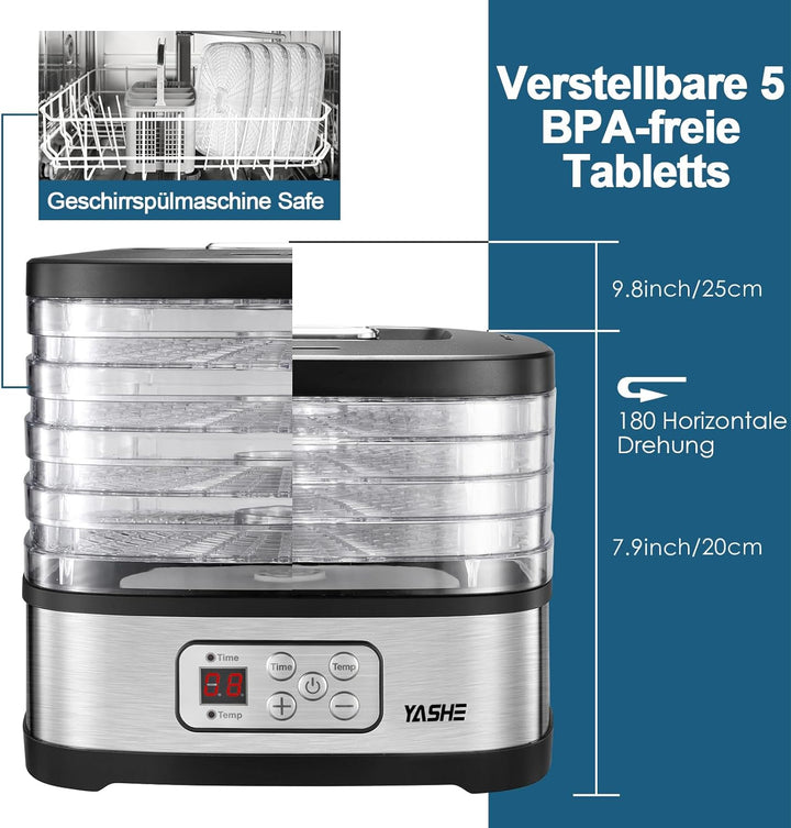 YASHE GGJ-261B Dörrautomat mit LED-Display, Temperaturregelung 35-70°C & 72-Stunden-Timer, 5 höhenve
