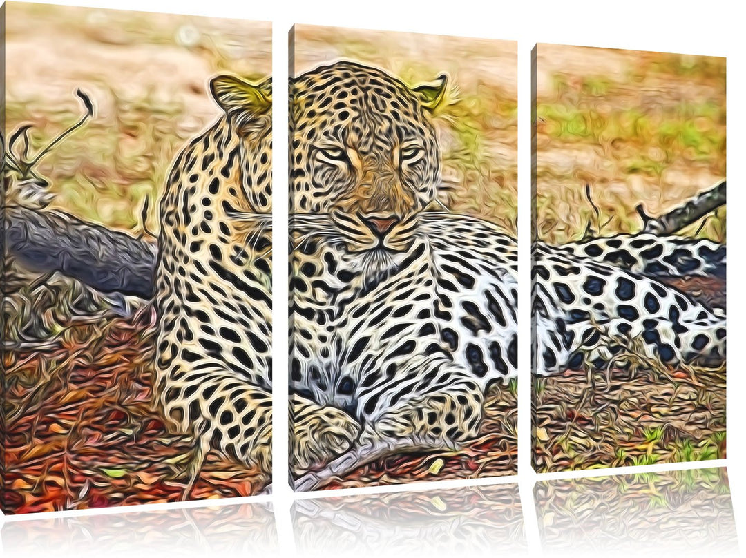 liegender Leopard im Laub NewArt 3-Teiler Leinwandbild 120x80 Bild auf Leinwand, XXL riesige Bilder