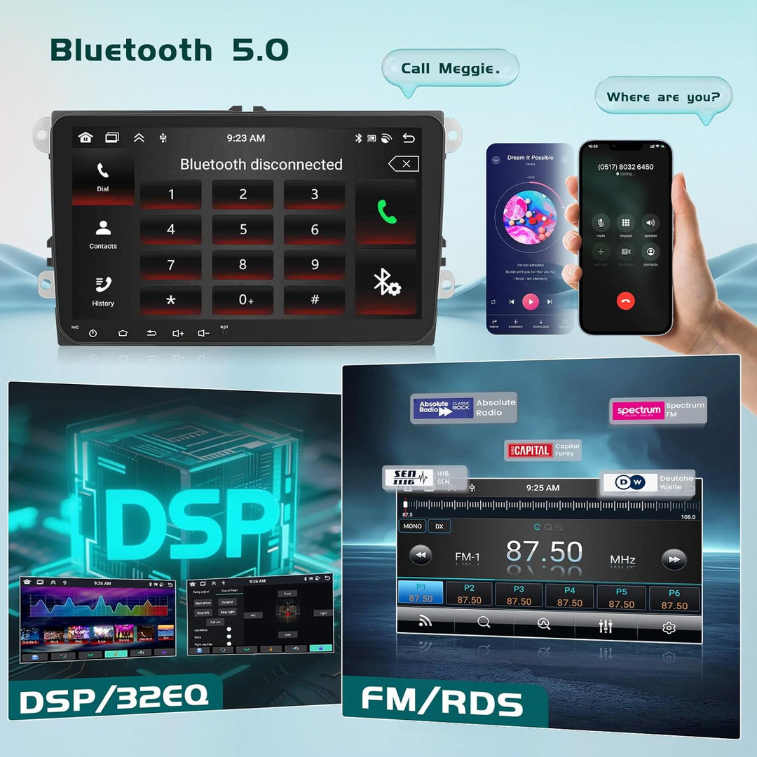 8 Core 6G+128G DSP Hikity Android 15 Autoradio für VW Golf 5 6 Passat Tiguan Polo Caddy Seat, 9-Zoll