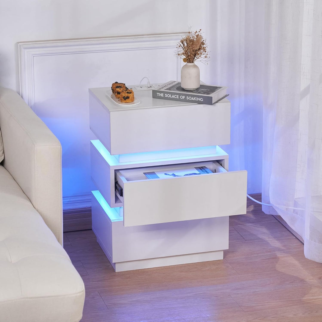PIPIPOXER Nachttisch Weiss, Nachttisch mit Led Steckdose & USB, Nachttisch 3 Schubladen 16 Farbbeleu