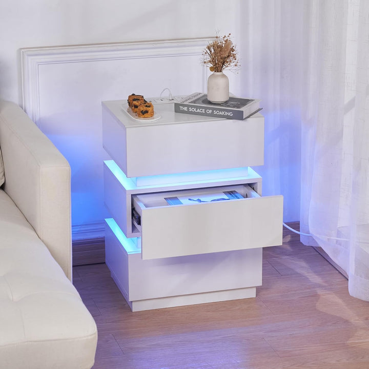 PIPIPOXER Nachttisch Weiss, Nachttisch mit Led Steckdose & USB, Nachttisch 3 Schubladen 16 Farbbeleu