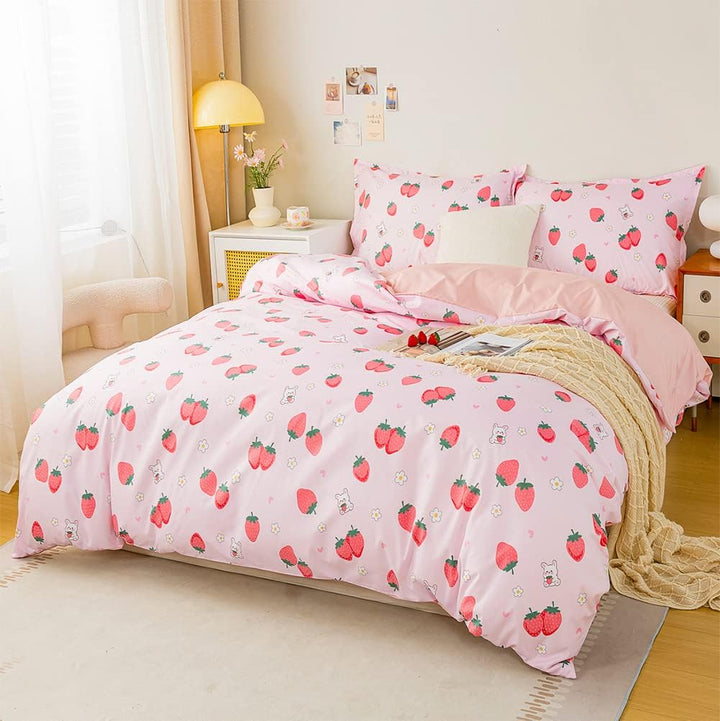 Koudi Kinderbettwäsche 100x135 Mädchen Rosa Altrosa Kinder Wendebettwäsche Set Süss Erdbeere Hase Mo