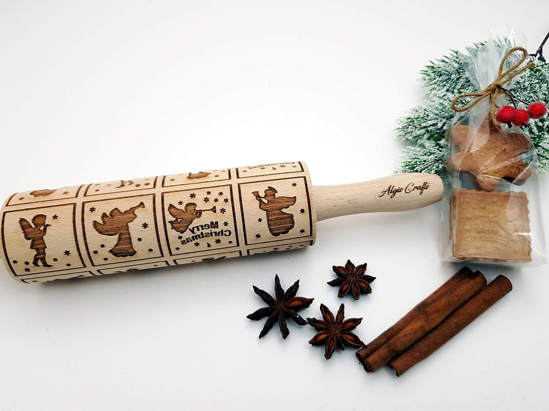 WEIHNACHTEN ENGEL Nudelholz mit Muster Weihnachten Backen - Teigroller Holz für DIY Weihnachten Plät