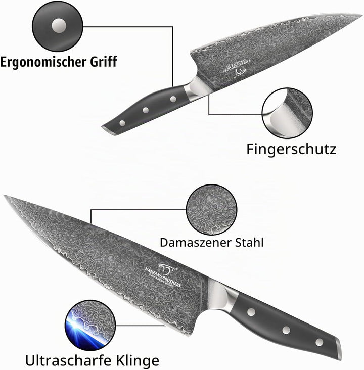 NANFANG BROTHERS Damascus Kitchen Knife Set 7 Piece with Block, Non-Slip ABS Handle, Ultra Sharp Sta