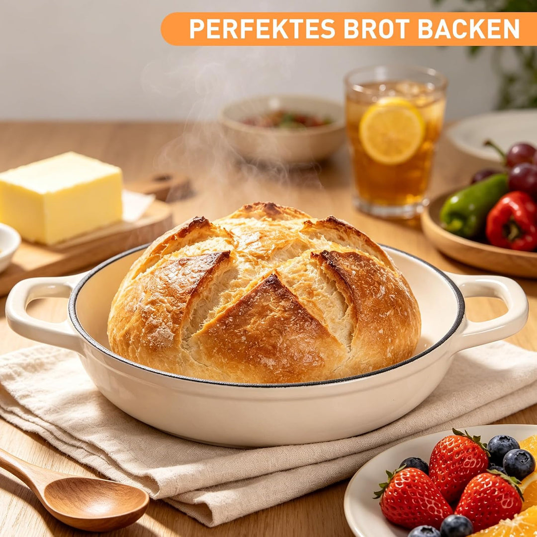 Gusseisen Brotbackform mit Deckel, 4,7L Gusseisen Topf Brot Backen, 23 cm Emaille Bräter mit Deckel,
