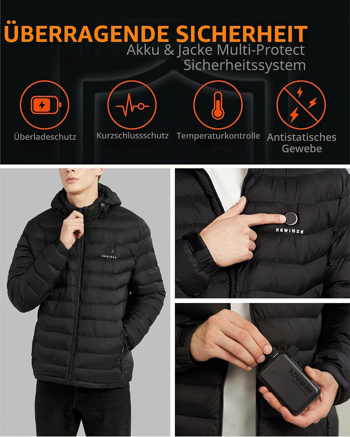 HEWINZE Beheizbare Jacke Herren mit kapuze,Warme Pufferjacke Damen mit akku 5V 10000mAh,Winterjacke