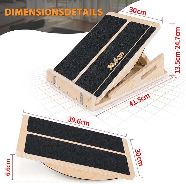 2-in-1 Schrägbrett aus Holz, Verstellbarer Wadenstrecker mit Tragegriff, Mobility Balance Board Slan