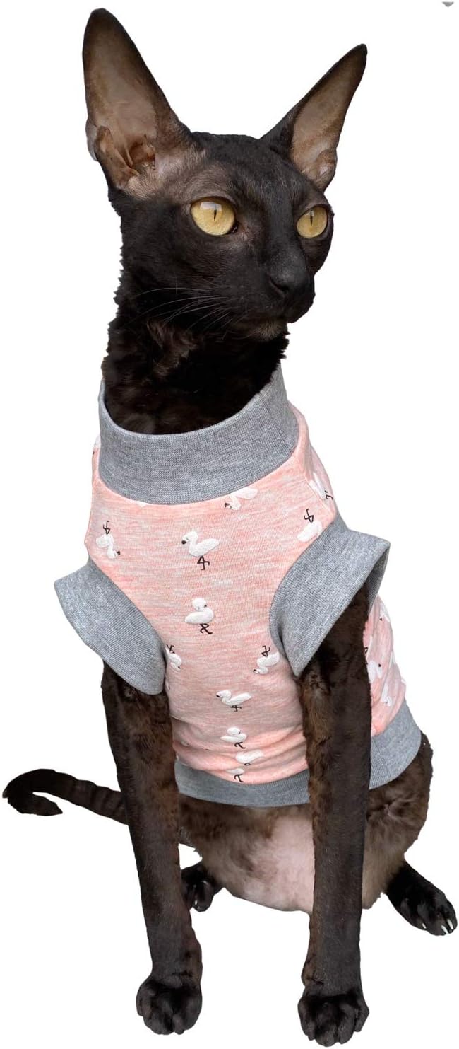 Kotomoda Haarlose Katze Baumwolle Stretch T-Shirt Small Flamingo for Sphynx Cats (M) Medium, Medium
