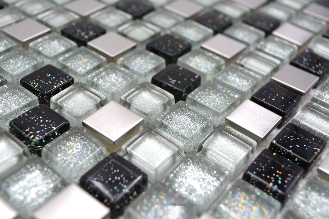Glasmosaik Quadrat Crystal/Stahl mix silber/schwarz Transluzent Transparent 3D, Mosaikstein Format: