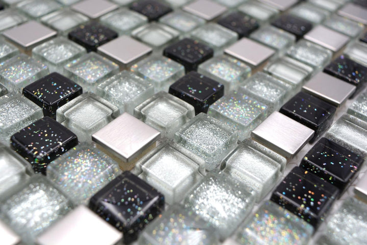 Glasmosaik Quadrat Crystal/Stahl mix silber/schwarz Transluzent Transparent 3D, Mosaikstein Format:
