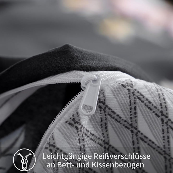 RUIKASI Bettwäsche 155x220 2 teilig Schwarz - Bettbezug 155 x 220 Set mit Blumen Muster, Bettwäsche-
