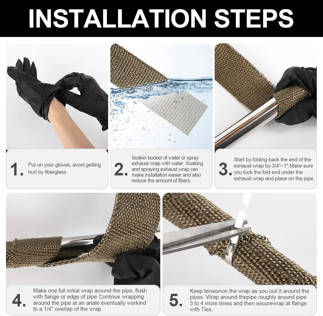 Titanium Exhaust Heat Wrap Roll für Motorräder Faserglas-Wärmeschutzband mit 5 Edelstahl-Bindern (T-