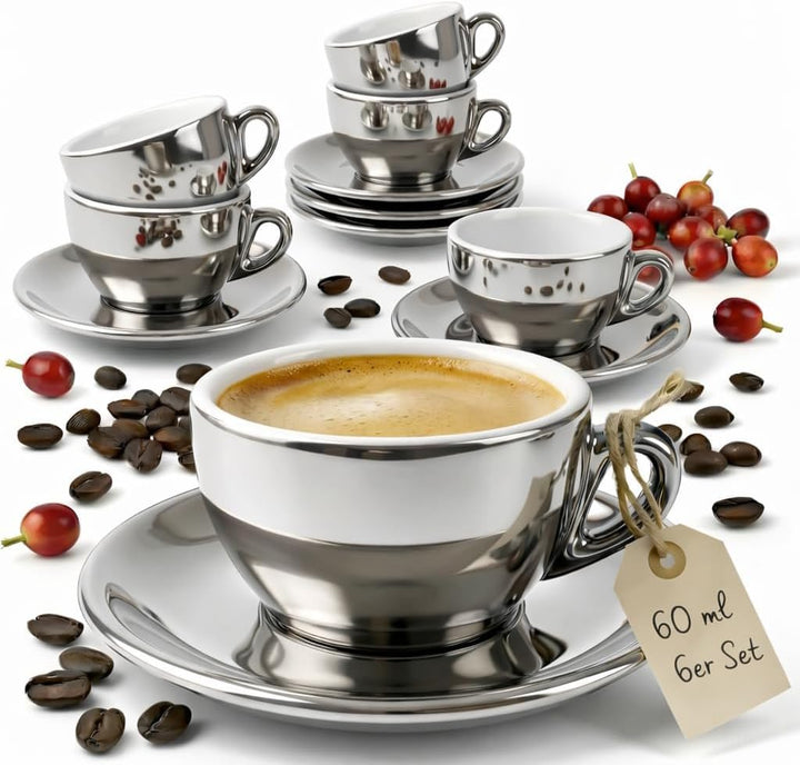 6x Espressotassen | Silber Chrome | Italian Style | dickwandig &amp; schwer | Espresso 6er Set mit Unter