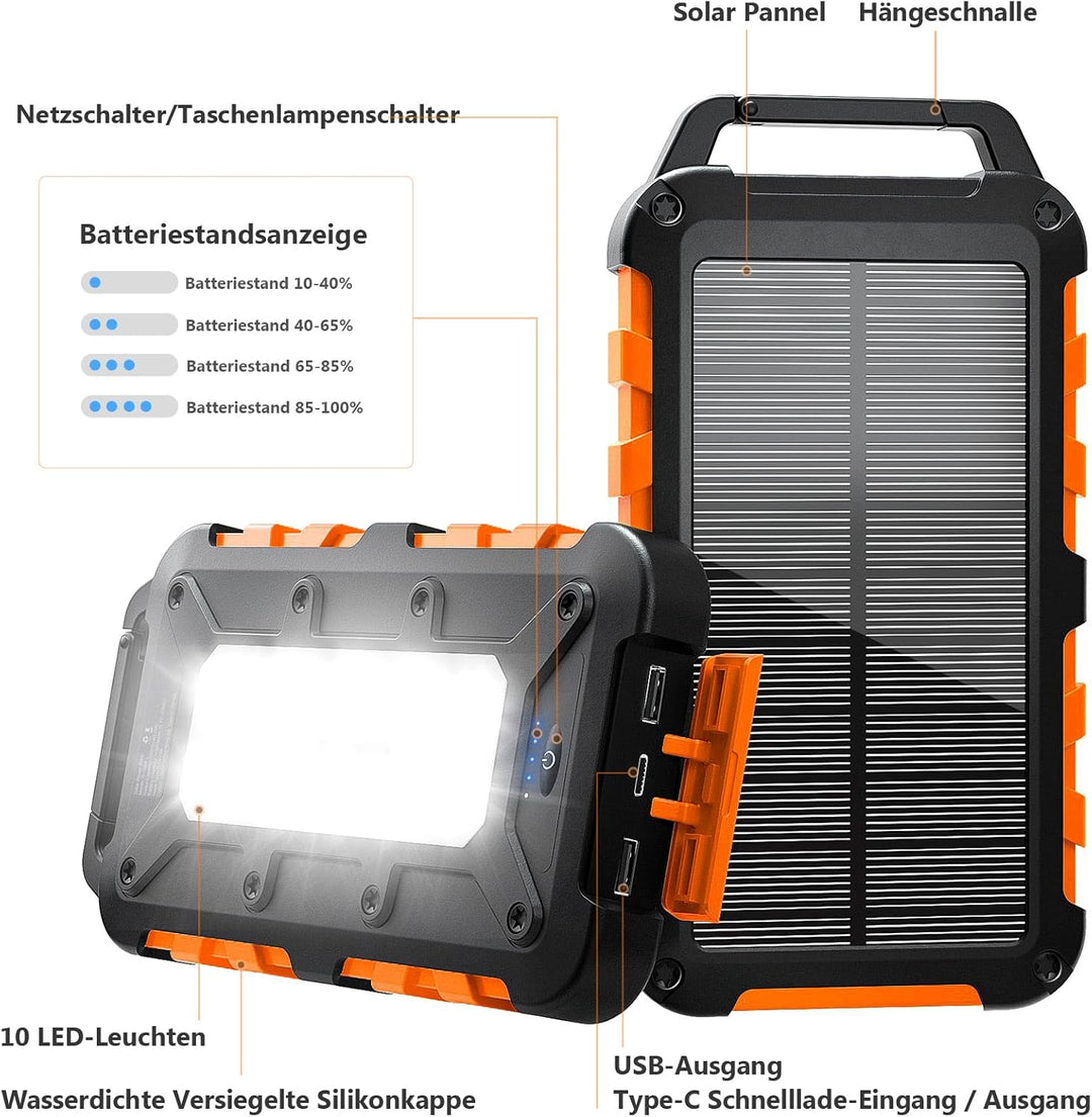 Solar Powerbank 10000mAh PD 22,5W Tragbares Solar Ladegerät USB C Outdoor Wasserdicht Externer Akku