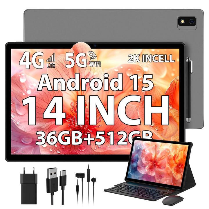 2K Android 15 Tablet 14 Zoll, 36GB RAM, 512GB ROM (2TB Erweiterung), 4G SIM LTE & 5G WiFi, 2000 * 12