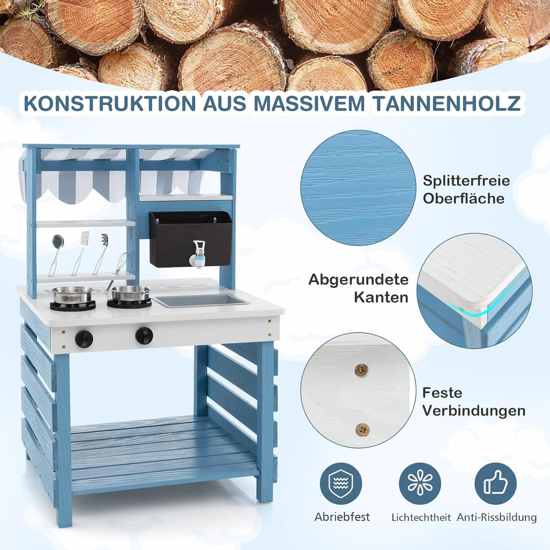 COSTWAY Matschküche Kinder Outdoor, Kinderküche Tannenholz mit Wasserfunktion, Doppelseitige Spielkü