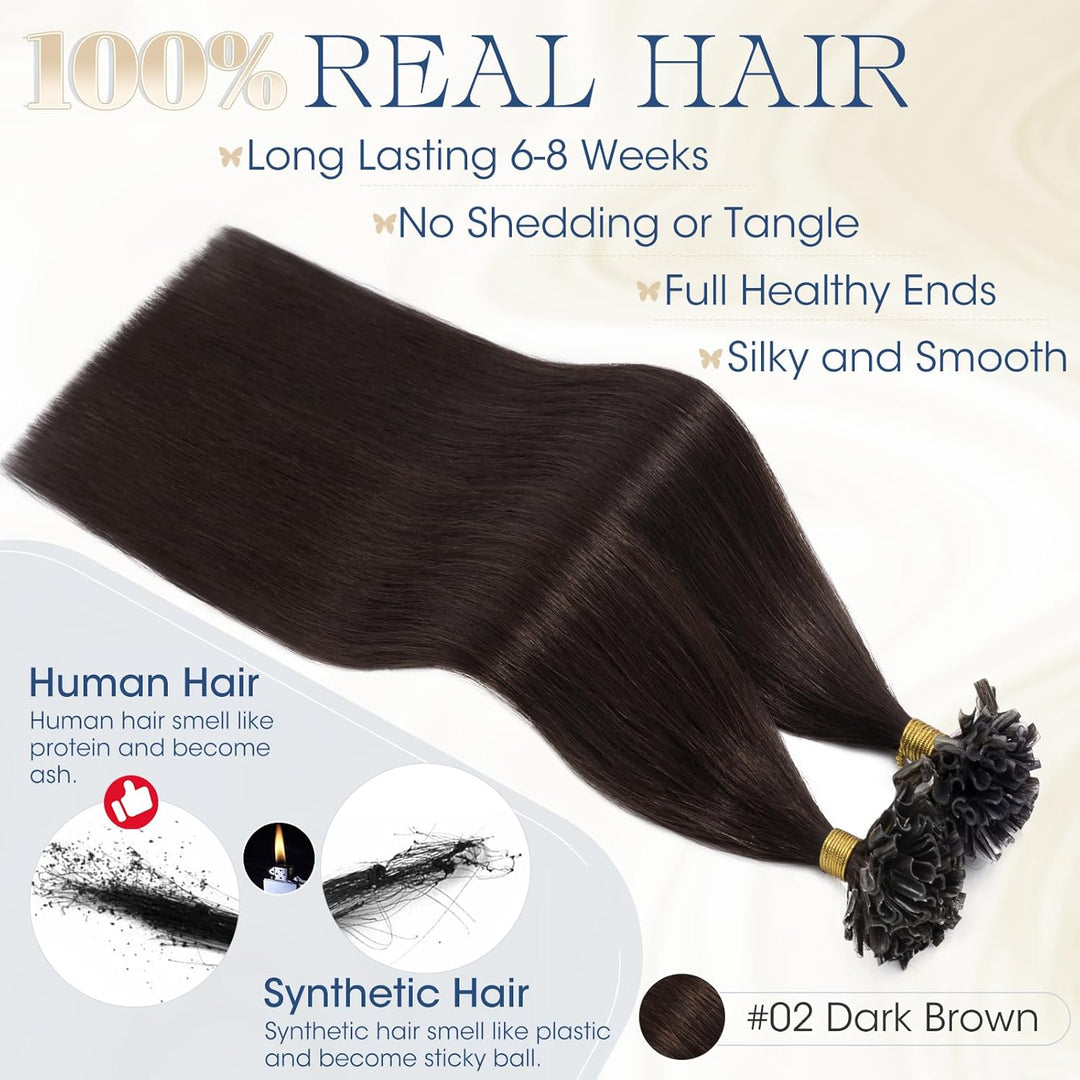 Elailite Bondings Extensions Echthaar #2 Dunkelbraun, 50g 60cm U Tip Hair Extensions Keratin 100 Str
