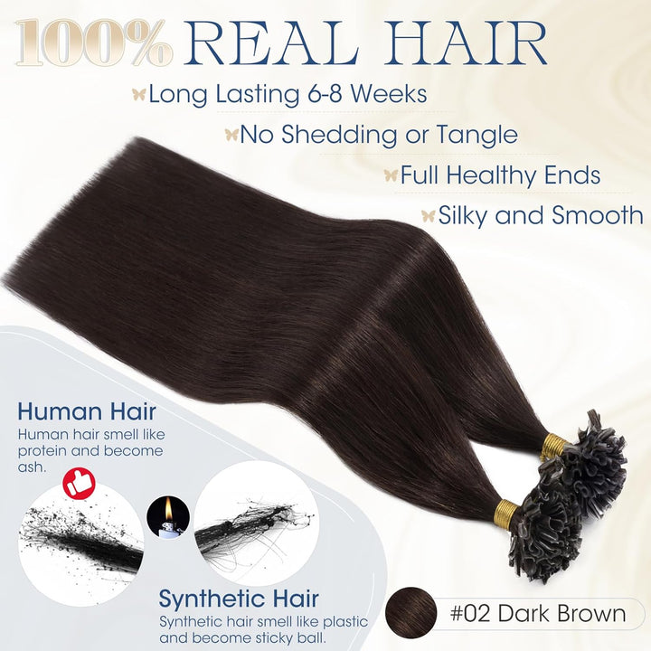 Elailite Extensions Bondings Echthaar 200 Strähne 55cm #2 Dunkelbraun, U Tip Hair Extensions Keratin