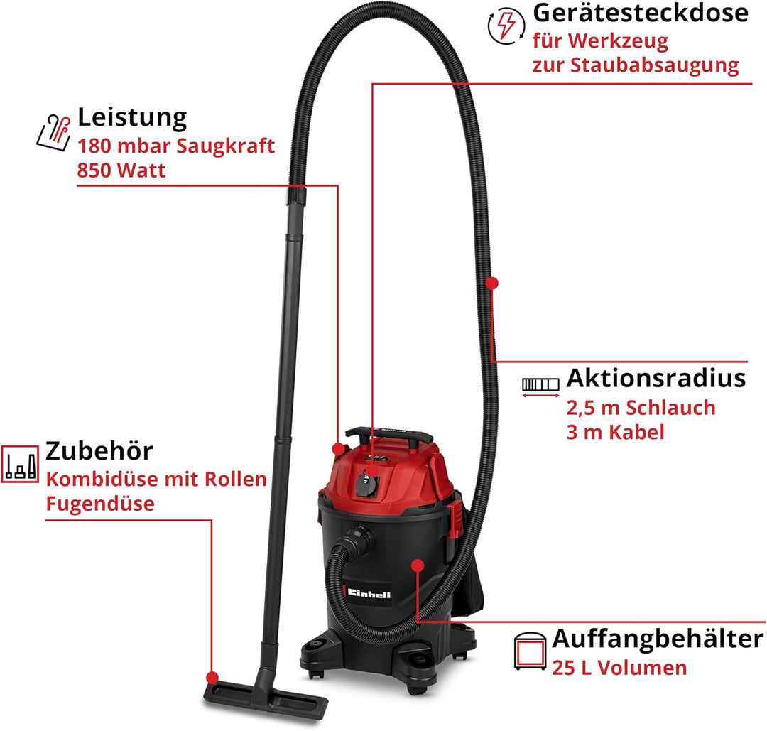 Einhell Nass-Trockensauger TC-VC 2555 A (850 Watt, 180 mbar Saugleistung, Automatiksteckdose, 25 L A