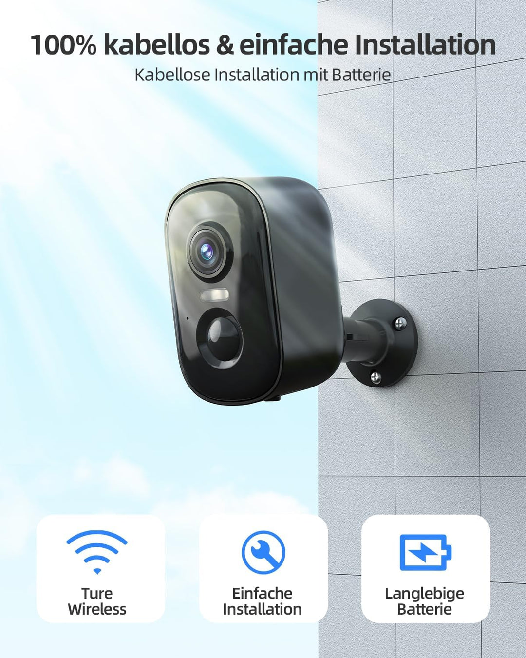 Techage Solar Überwachungskamera Aussen, 2304P, Wi-Fi, Wetterfest, App-Steuerung, 10m Reichweite, Wa