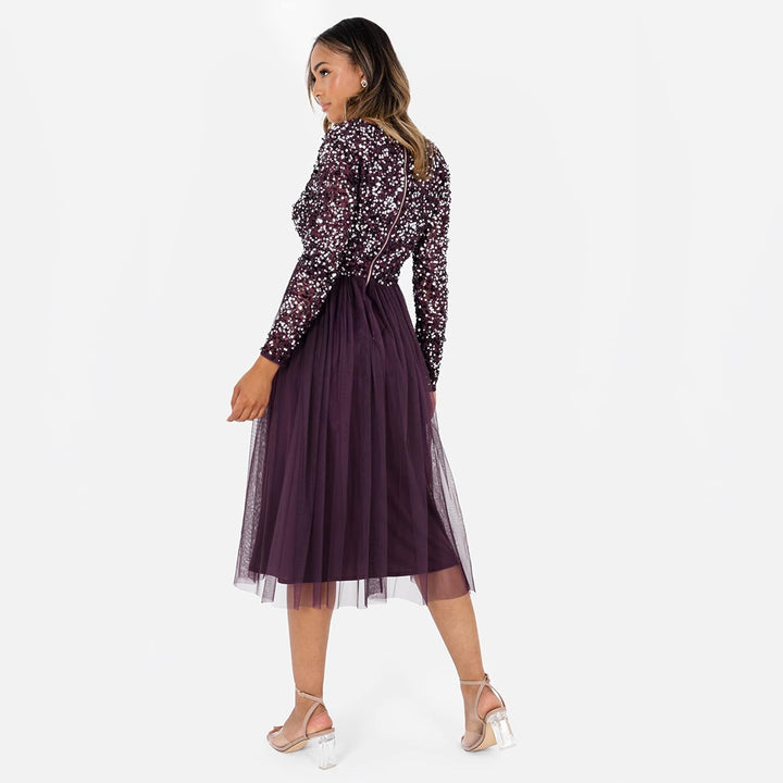 Maya Deluxe Midi Elegant Hochzeit Ärmel Tiefer V Ausschnitt Pailletten Cocktailkleid Abschlussball B
