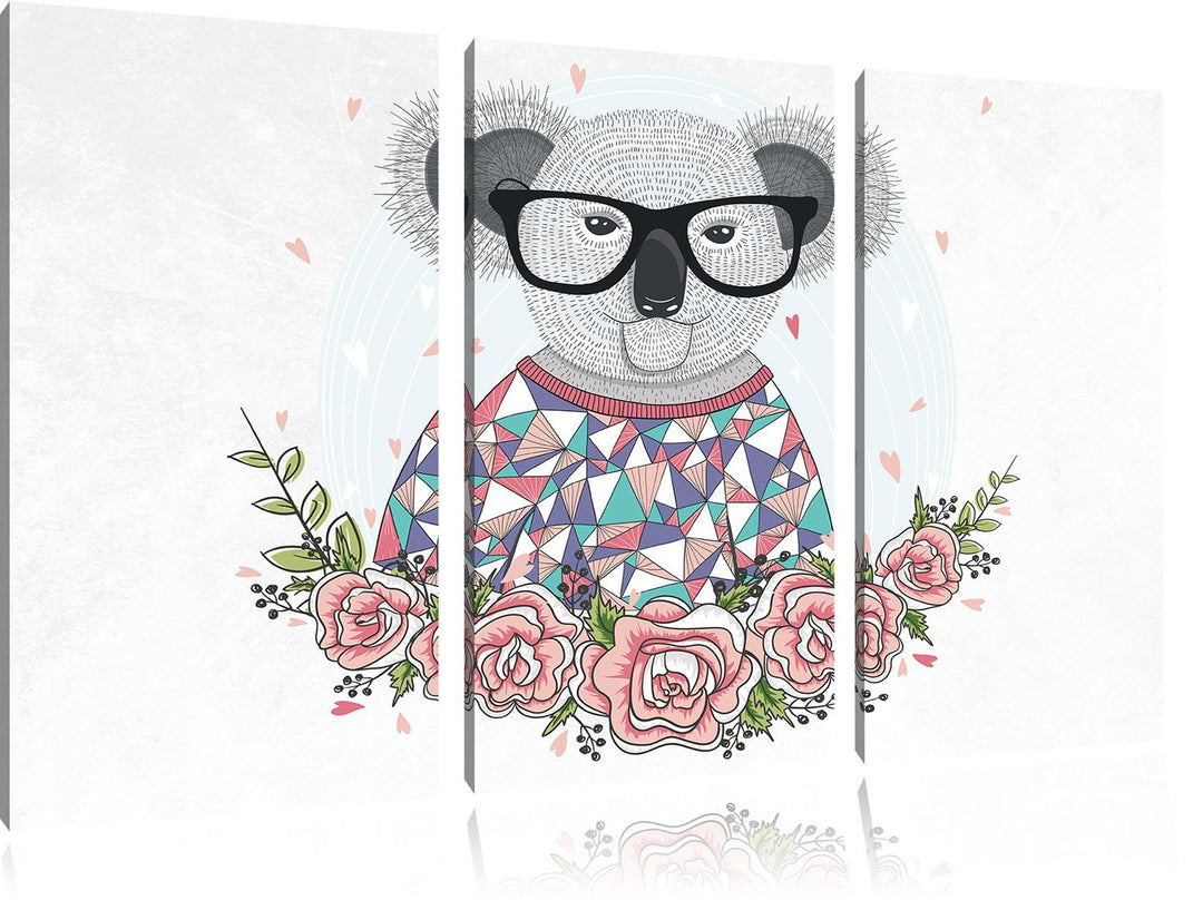 Pixxprint Hipster Koala mit Rosen weiss 3-Teiler Leinwandbild 120x80 Bild auf Leinwand