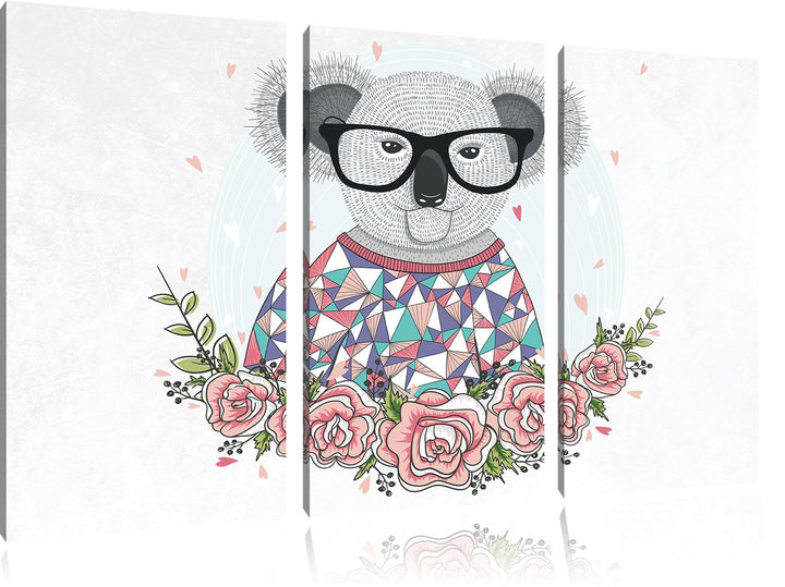 Pixxprint Hipster Koala mit Rosen weiss 3-Teiler Leinwandbild 120x80 Bild auf Leinwand