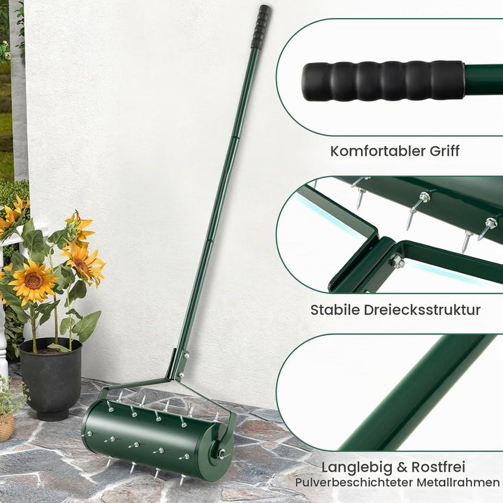 GOPLUS Rasenbelüfter, Handvertikutierer mit Stiel &amp; 3,4cm Nägeln, rollender Aerifizierer, manueller