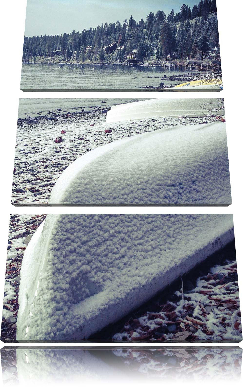 Pixxprint zugeschneite Boote im Winter 3-Teiler Leinwandbild 120x80 Bild auf Leinwand