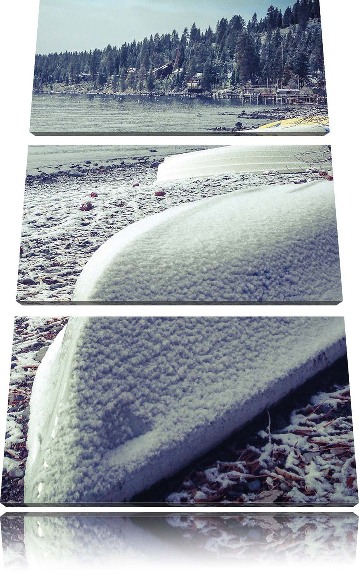 Pixxprint zugeschneite Boote im Winter 3-Teiler Leinwandbild 120x80 Bild auf Leinwand